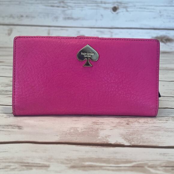 Kate Spade Neon Pink Pebble Leather Wallet with Black Bow Zipper Pull - Picture 1 of 13